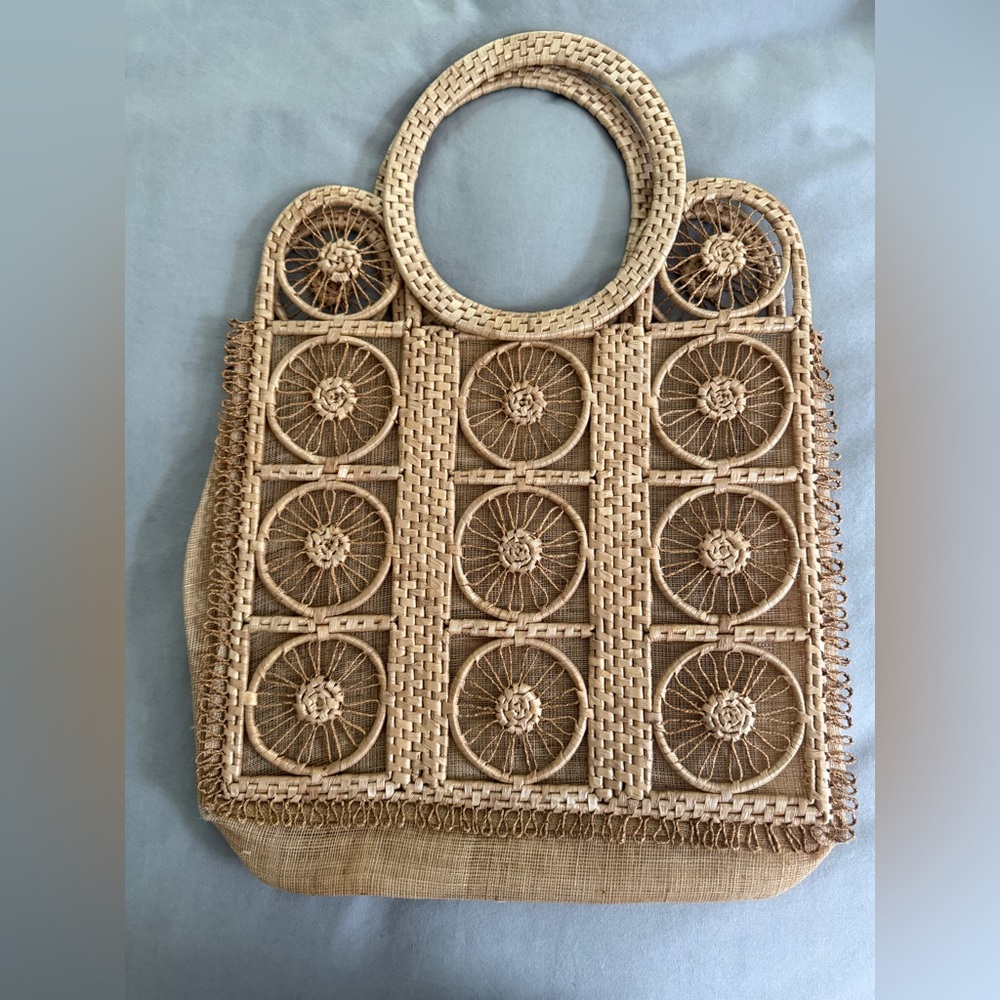 Vintage Tan Geometric Tote Bag with Sturdy Handles